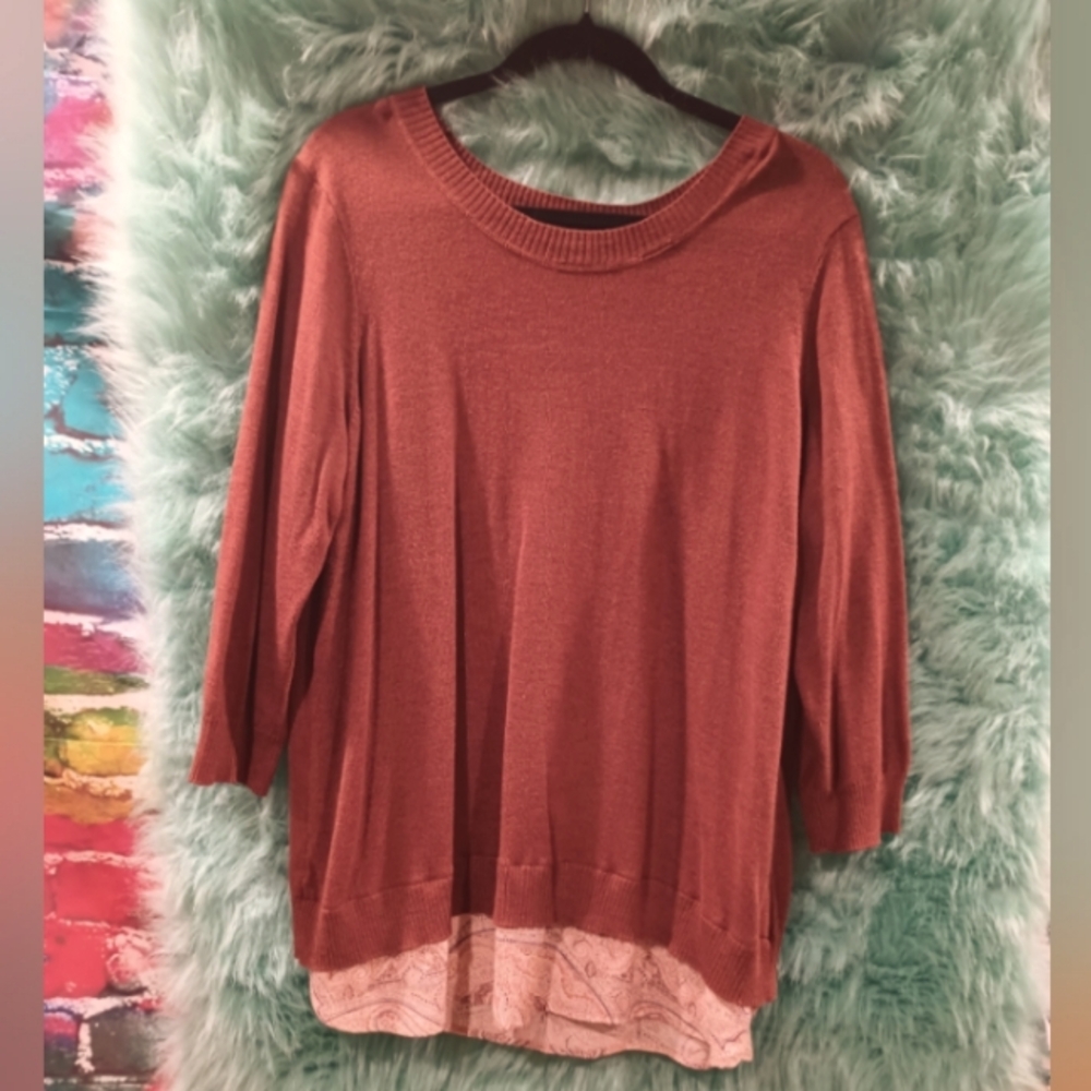 Dalia Rusty Brown Crew Neck Long 3/4 Sleeve Layered Top Size 1X